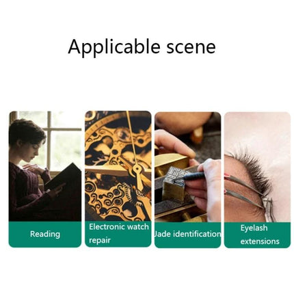 Rechargeable LED Magnifying Glasses for Detailed Viewing Options showing reading, watch repair, jade identification, and eyelash extensions use