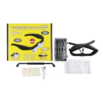 Rechargeable LED Magnifying Glasses for Detailed Viewing Options - black rechargeable LED spectacle magnifier kit with interchangeable lenses and USB cable