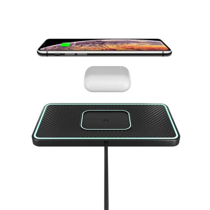 C1Pro 2-In-1 Car Wireless Charging Pad Black For AirPods And iPhone showing phone and AirPods charging on compact car pad