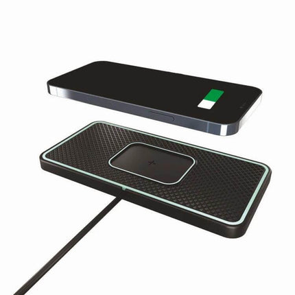 C1Pro 2-In-1 Car Wireless Charging Pad Black For AirPods And iPhone showing black pad charging an iPhone and AirPods in-car