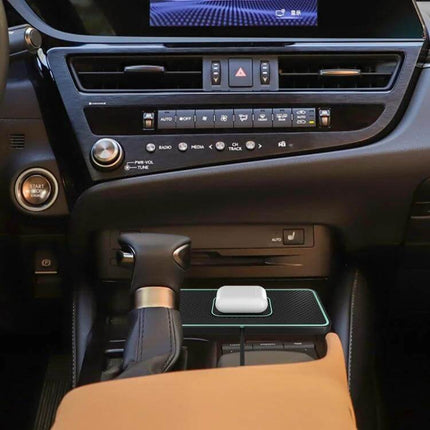 C1Pro 2-In-1 Car Wireless Charging Pad Black For AirPods And iPhone placed on car console charging AirPods and iPhone while driving