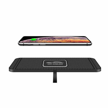 Car Wireless Charging Pad Anti-Slip For Dashboard Everyday Use shows slim phone charging on a black silicone anti-slip dashboard pad
