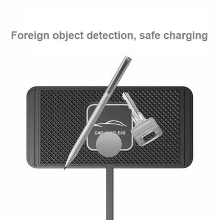 Car Wireless Charging Pad Anti-Slip For Dashboard Everyday Use with foreign object detection shown with key and pen on silicone anti-slip surface