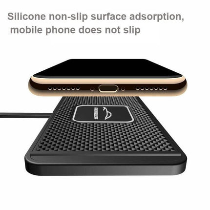 Car Wireless Charging Pad Anti-Slip For Dashboard Everyday Use showing black silicone non-slip wireless charger with smartphone above