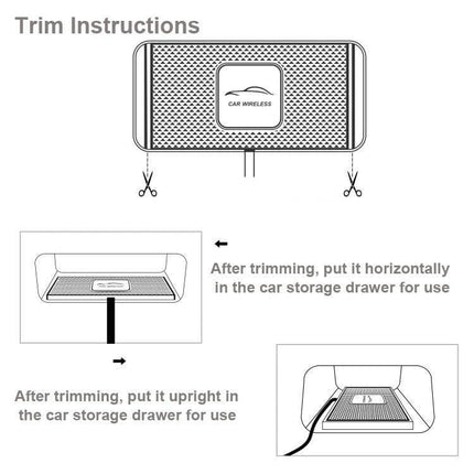 Car Wireless Charging Pad Anti-Slip For Dashboard Everyday Use showing trim instructions and placement in car storage drawer