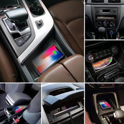 Car Wireless Charging Pad Anti-Slip For Dashboard Everyday Use shown installed in car center console and storage areas providing tidy Qi charging