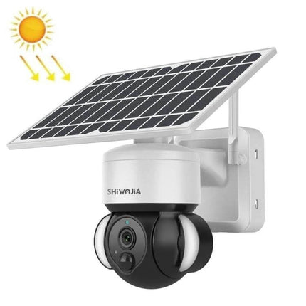 SHIWOJIA Waterproof Solar Dome IP Camera for Home Security mounted with angled solar panel capturing outdoor areas in sunlight
