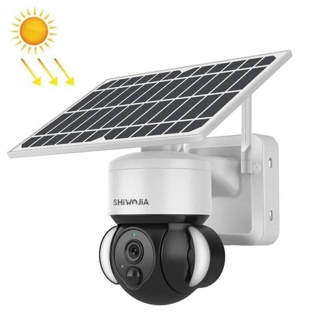 SHIWOJIA Waterproof Solar Dome IP Camera for Home Security mounted with angled solar panel capturing outdoor areas in sunlight