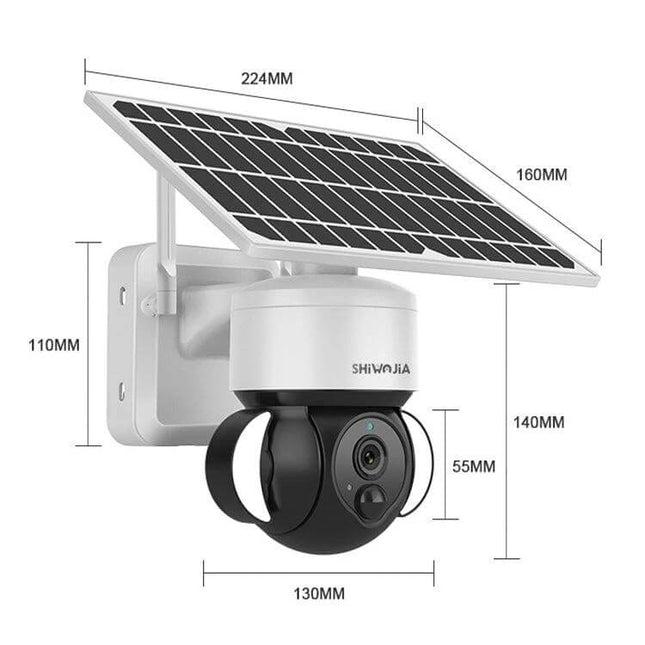 SHIWOJIA Waterproof Solar Dome IP Camera for Home Security outdoor solar-powered dome camera with dimensions shown and motion lens