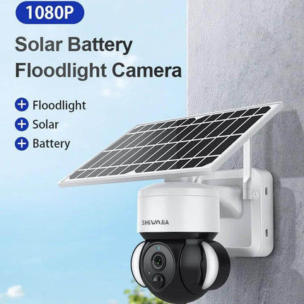 SHIWOJIA Waterproof Solar Dome IP Camera for Home Security mounted outdoors with solar panel and floodlight, 1080p motion-detecting waterproof CCTV