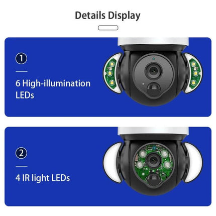 SHIWOJIA Waterproof Solar Dome IP Camera for Home Security showing camera dome with 6 high-illumination LEDs and 4 IR light LEDs
