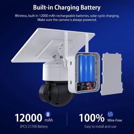 SHIWOJIA Waterproof Solar Dome IP Camera for Home Security showing solar panel, open battery compartment with 12000mAh batteries and wireless setup