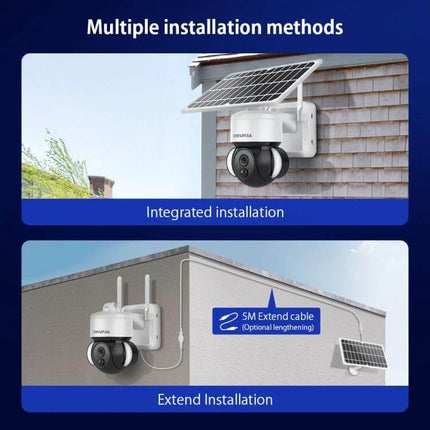 SHIWOJIA Waterproof Solar Dome IP Camera for Home Security mounted on exterior wall showing solar panel integrated and extended installation options