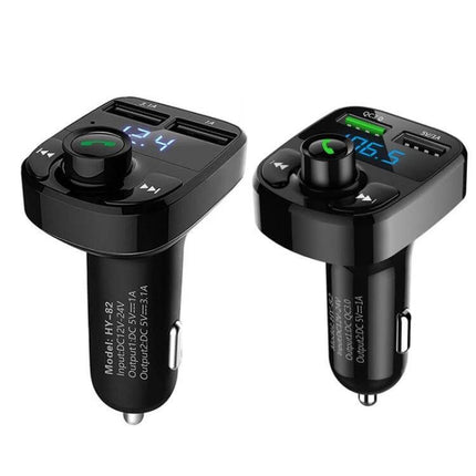 Car MP3 Bluetooth Receiver With Dual USB Car Charger showing dual USB ports, FM transmitter display and control knob for in-car audio and charging
