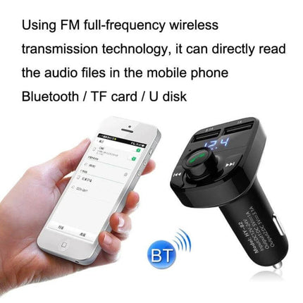 Car MP3 Bluetooth Receiver With Dual USB Car Charger compact FM transmitter showing phone connection, TF card, USB and dual charging ports