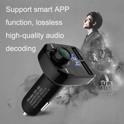 Car MP3 Bluetooth Receiver With Dual USB Car Charger shown in black with FM transmitter, dual USB ports and digital display for in-car streaming and charging