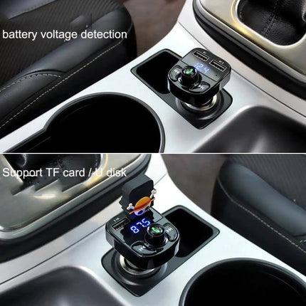 Car MP3 Bluetooth Receiver With Dual USB Car Charger plugged into car cigarette socket showing FM display, dual USB ports and TF card support