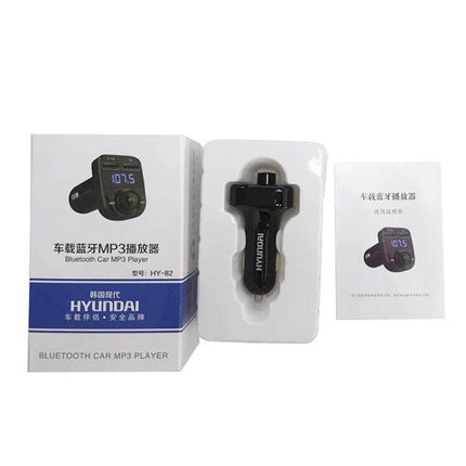 Car MP3 Bluetooth Receiver With Dual USB Car Charger shown with packaging, USB ports, and FM display ready for in-car audio and charging