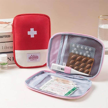Travel Home Portable Medical Bag Red For Everyday First Aid compact red first aid kit with pills, thermometer and bandages, Oxford cloth zipper