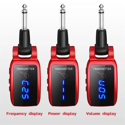 U12DX Adapter for Guitarists' Wireless Practice Sessions - red wireless guitar transmitter showing frequency, power and volume displays