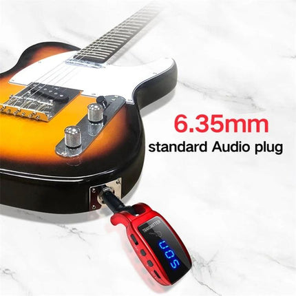U12DX Adapter for Guitarists' Wireless Practice Sessions plugged into electric guitar showing 6.35mm audio plug and transmitter