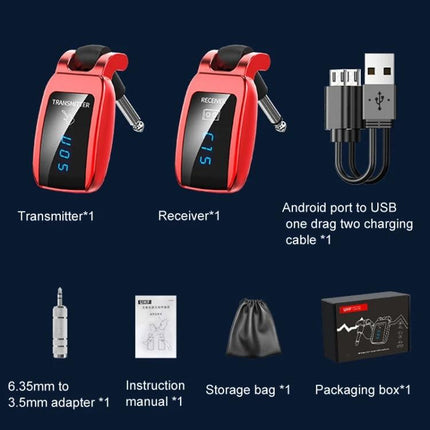 U12DX Adapter for Guitarists' Wireless Practice Sessions red transmitter and receiver kit with charging cable and accessories