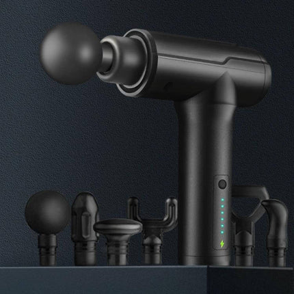 Mini Massage Gun With Six Heads For Full Body Relaxation - compact black massage gun with six interchangeable heads and LED intensity indicators