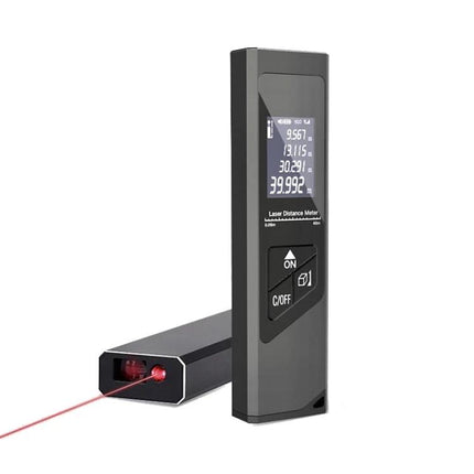 Laser Rangefinder with Digital Display for Distance Measurement showing digital readout and laser beam for precise room and construction measurements
