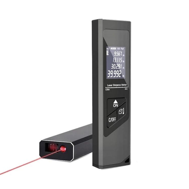Laser Rangefinder with Digital Display for Distance Measurement showing digital readout and laser beam for precise room and construction measurements