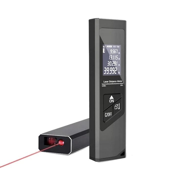 Laser Rangefinder with Digital Display for Distance Measurement showing digital readout and laser beam for precise room and construction measurements