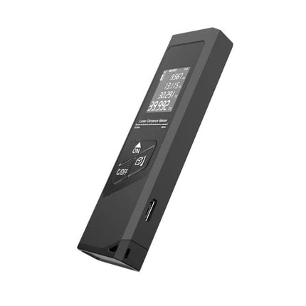 Laser Rangefinder with Digital Display for Distance Measurement — compact black handheld device with digital screen showing distance readings and control buttons