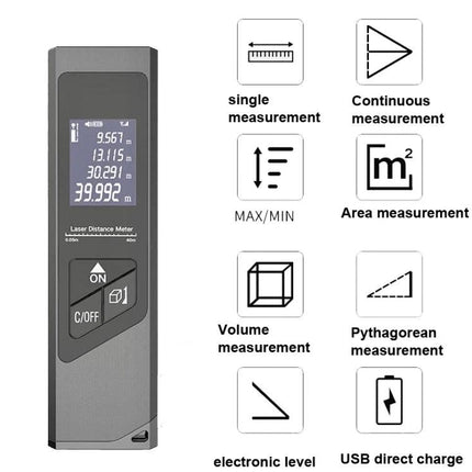 Laser Rangefinder with Digital Display for Distance Measurement showing digital readout and icons for single, continuous, area, volume, Pythagorean measurements