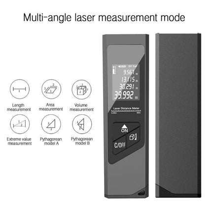 Laser Rangefinder with Digital Display for Distance Measurement - handheld device showing digital readings for length, area, volume and Pythagorean modes