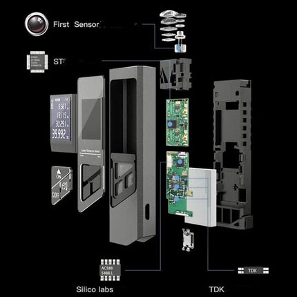 Laser Rangefinder with Digital Display for Distance Measurement showing exploded view of casing, digital display and internal circuit boards
