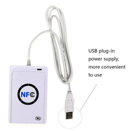 Portable USB-Powered Contactless NFC Card Reader for RFID Access - white USB NFC RFID reader for access control and prototyping