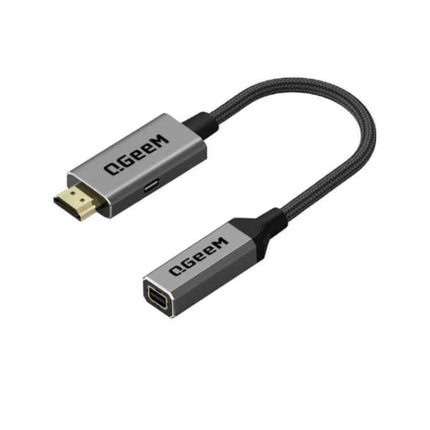 QGeeM HDMI to Mini DisplayPort Converter with USB Power showing HDMI plug to Mini DisplayPort adapter with braided cable
