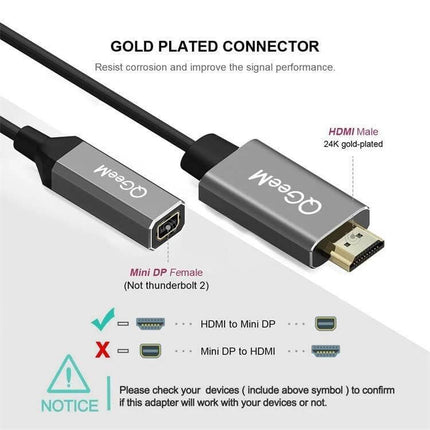 QGeeM HDMI to Mini DisplayPort Converter with USB Power showing gold-plated HDMI male and Mini DP female connectors