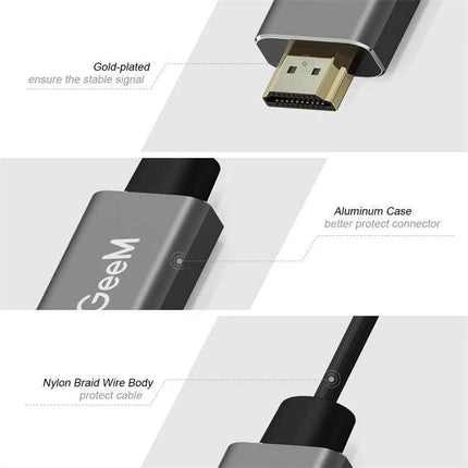 QGeeM HDMI to Mini DisplayPort Converter with USB Power showing gold-plated HDMI plug, aluminum case and nylon-braided cable