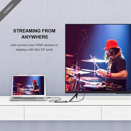 QGeeM HDMI to Mini DisplayPort Converter with USB Power connecting laptop to monitor showing live concert streaming
