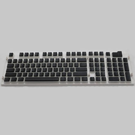 Translucent Double-Layer PBT Keycaps for Mechanical Keyboards black keycap set on clear 108-key board, durable textured PBT for gaming and typing