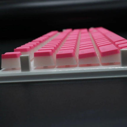 Translucent Double-Layer PBT Keycaps for Mechanical Keyboards pink-white set on white 108-key layout, durable textured caps for typing and gaming
