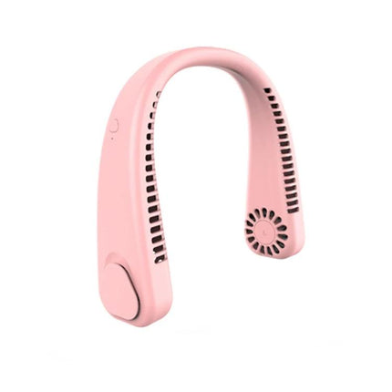 F2 USB Powered Portable Hanging Neck Fan for Outdoors in pink, hands-free rechargeable neck-mounted blower for hiking and commuting