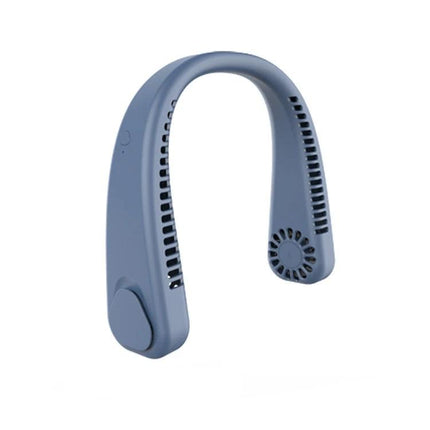 F2 USB Powered Portable Hanging Neck Fan for Outdoors showing blue hands-free wearable neck fan with dual vents and USB power