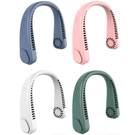 F2 USB Powered Portable Hanging Neck Fan for Outdoors showing four color options (blue, pink, white, green)