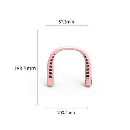 F2 USB Powered Portable Hanging Neck Fan for Outdoors in pink showing front view with dimensions 203.5×184.5×57.3mm