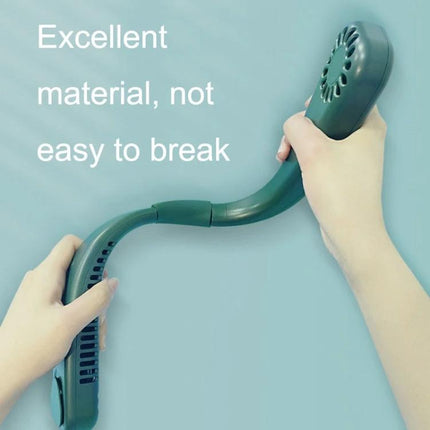 F2 USB Powered Portable Hanging Neck Fan for Outdoors shown being bent to demonstrate durable material, hands-free cooling for hiking and commuting
