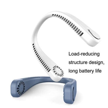 F2 USB Powered Portable Hanging Neck Fan for Outdoors white and blue hands-free wearable fan showing vents and ‘load-reducing structure design, long battery life’