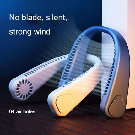 F2 USB Powered Portable Hanging Neck Fan for Outdoors showing bladeless silent design with 64 air holes and steady hands-free cooling