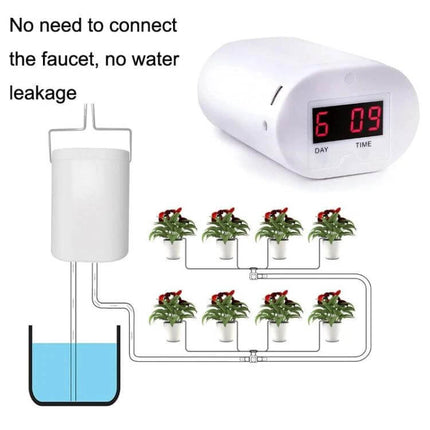 Gardening Intelligent Automatic Flower Watering Machine Two Nozzle showing dual sprinkler heads timing unit and tubing for watering multiple potted plants