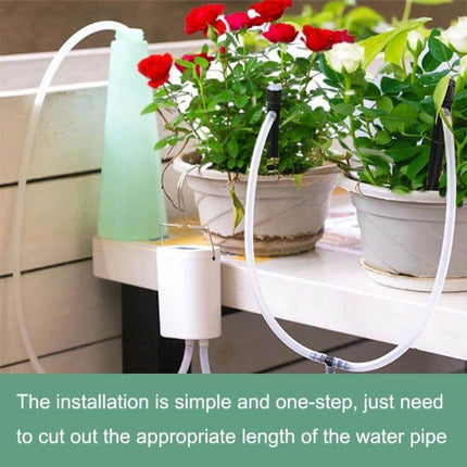 Gardening Intelligent Automatic Flower Watering Machine Two Nozzle watering two potted roses on balcony with tubes and reservoirs